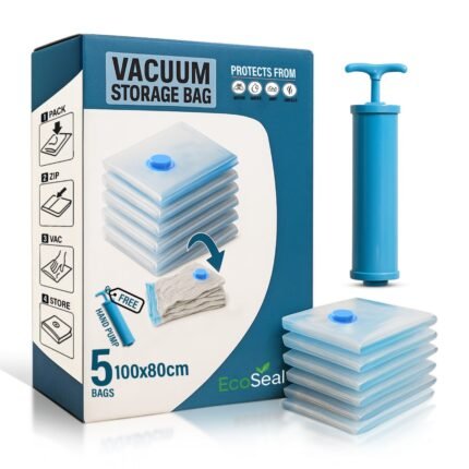 EcoSeal 5 Pack Vacuum Storage Bags (100x80cm)  Reusable Space Saver with Hand Pump