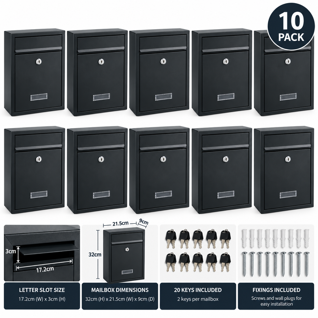 10 Pack Wall Mounted Mailboxes – Lockable Black Post Boxes 10 pack wall mounted mailboxes with locks and 20 keys for flats and apartments